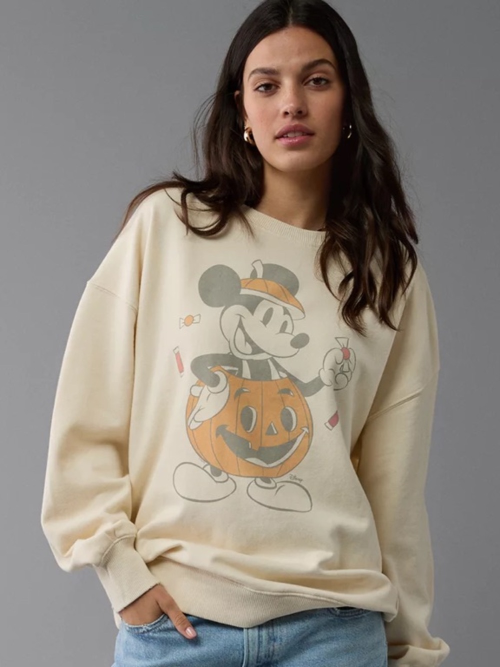 AE American Eagle Oversized Halloween Mickey Mouse Pumpkin Graphic Sweatshirt